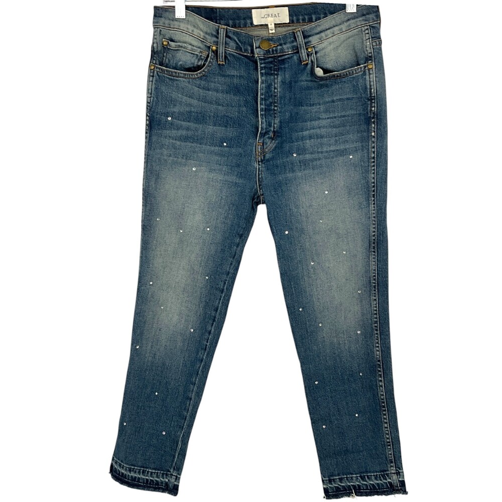 The Great. Size 27 The Fellow Rhinestone Boyfriend High Rise Raw Hem Jeans